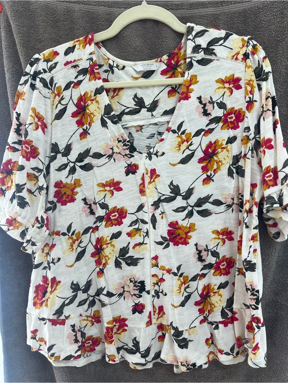 Lucky Brand White Floral V-Neck Blouse with Pink and Yellow Flowers